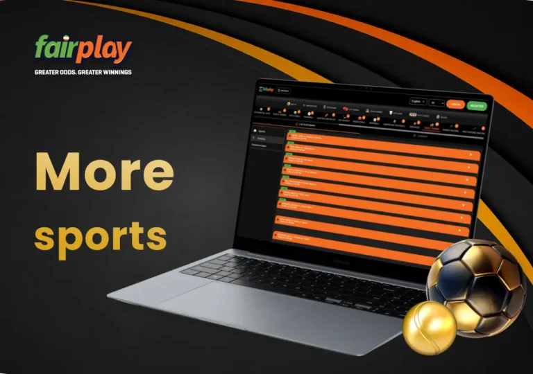 FairPlay sports categories on a laptop with a football and tennis balls nearby.